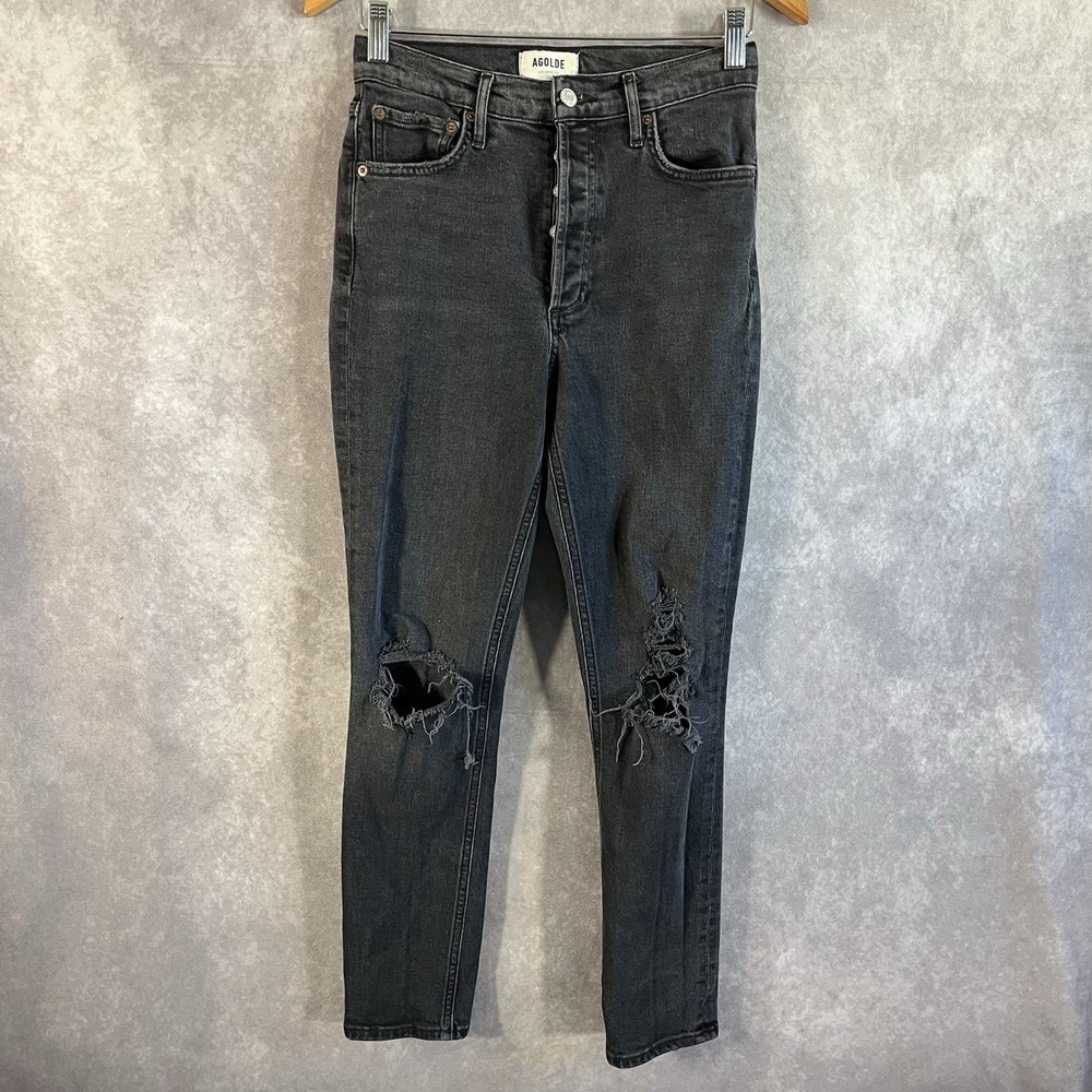 Agolde Nico Jeans Women 26 Black High Rise Button Skinny Distressed **See Desc**